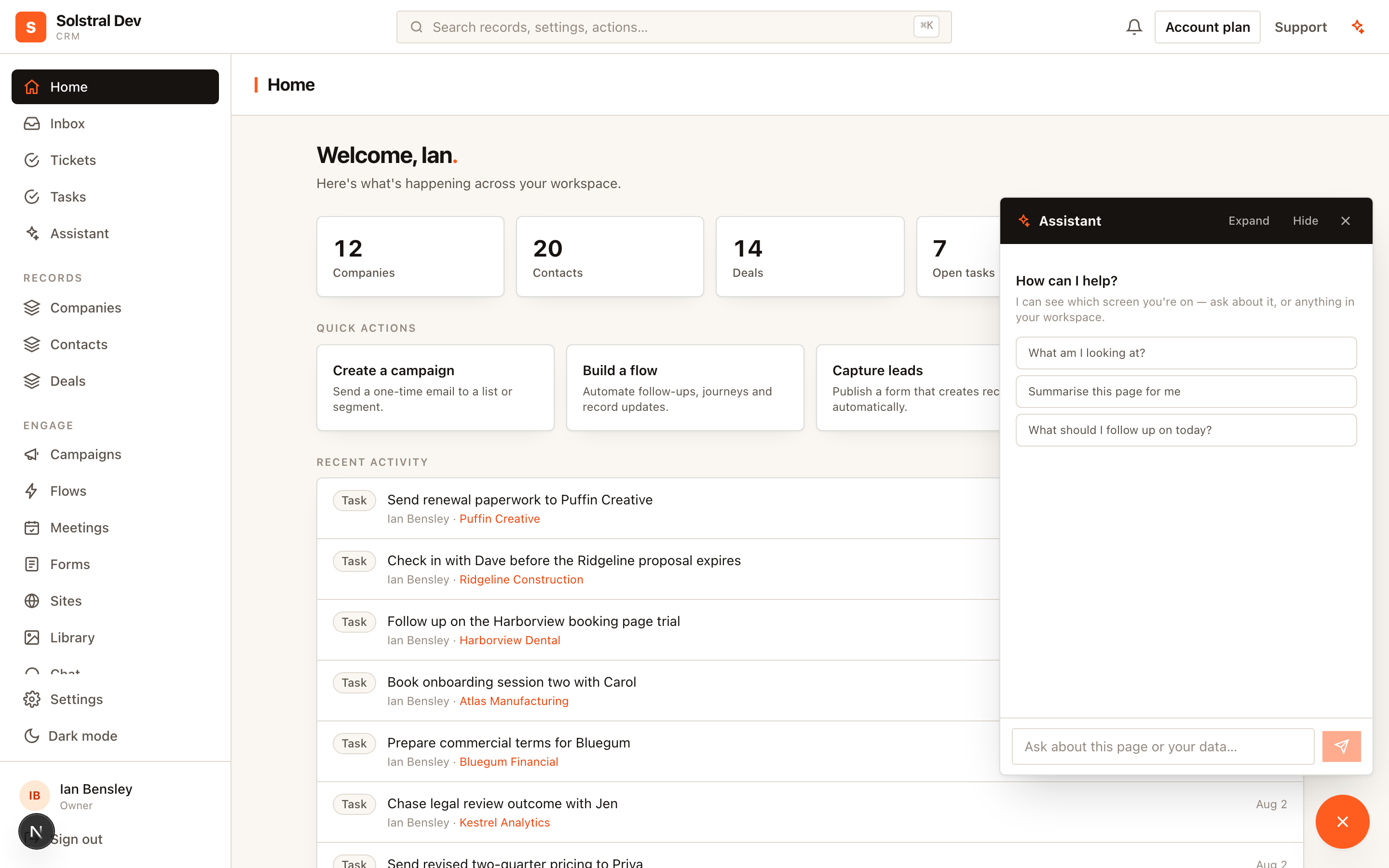 The Solstral home dashboard