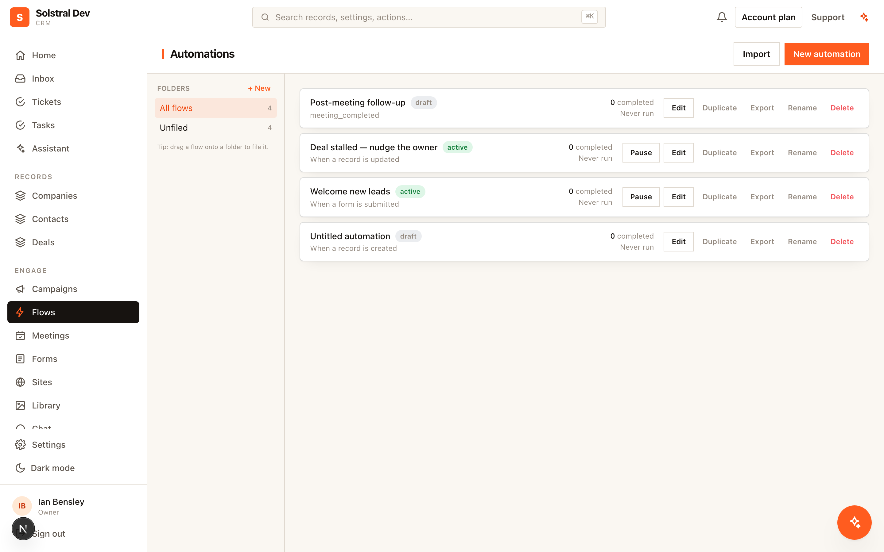 The visual automation flow builder