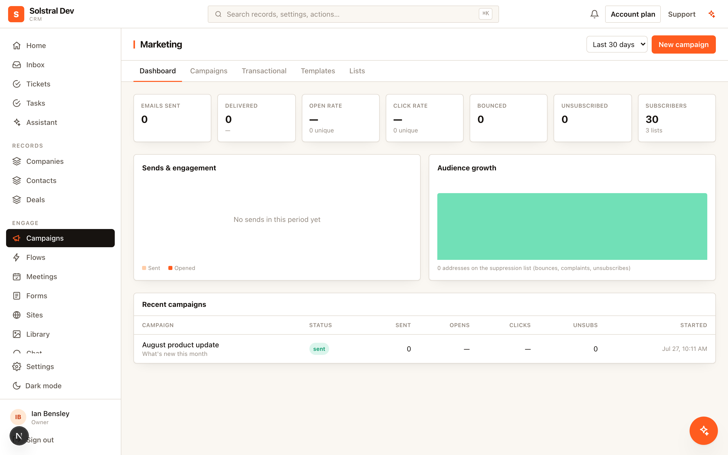 The marketing and campaigns workspace