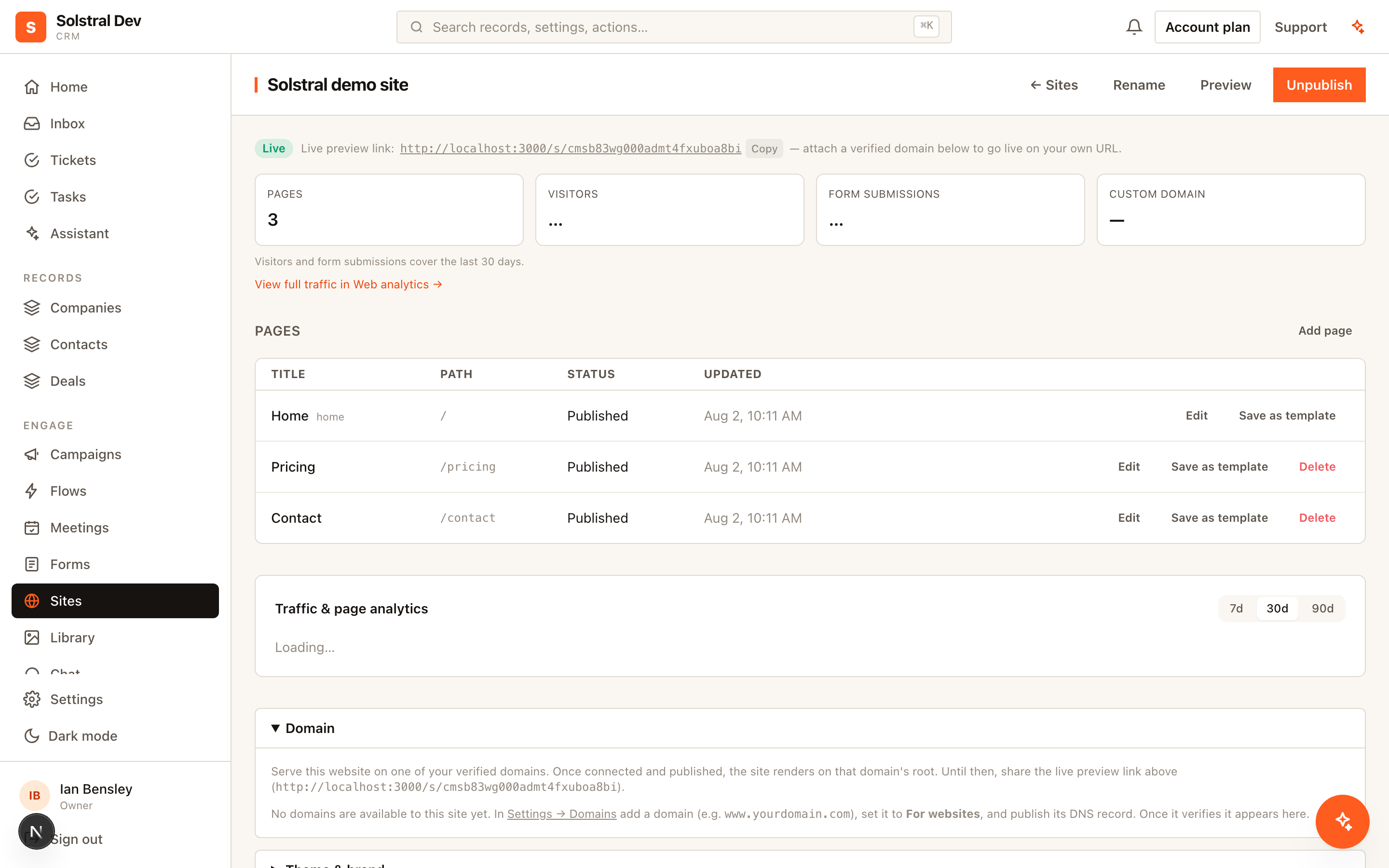 A website's pages, domain and publishing status